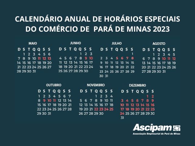 ASCIPAM disponibiliza calendário de horários estendidos e datas comemorativas para o funcionamento do comércio em 2023