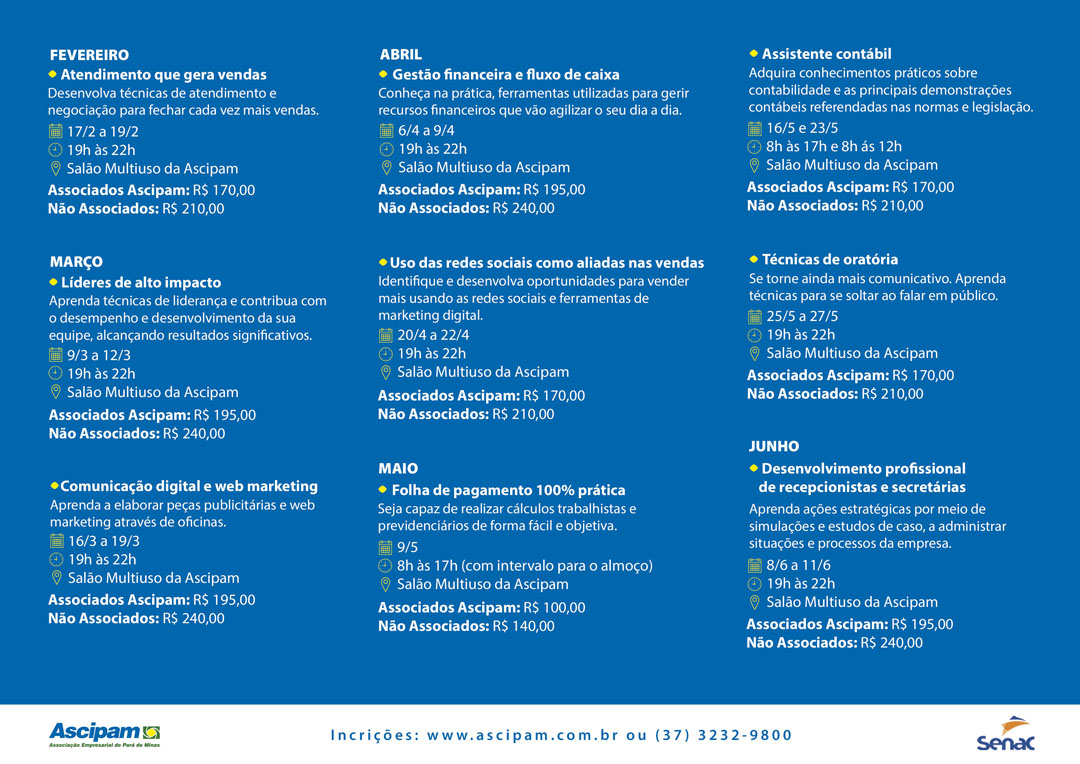 Ascipam anuncia grade semestral de cursos em parceria com o Senac